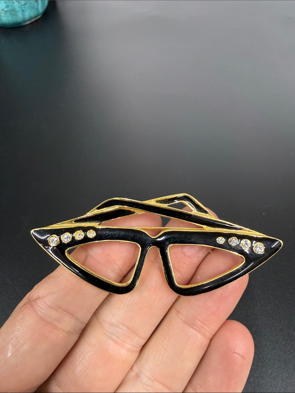 Black & Gold Cat-Eye Brooch with Clear Rhinestones
